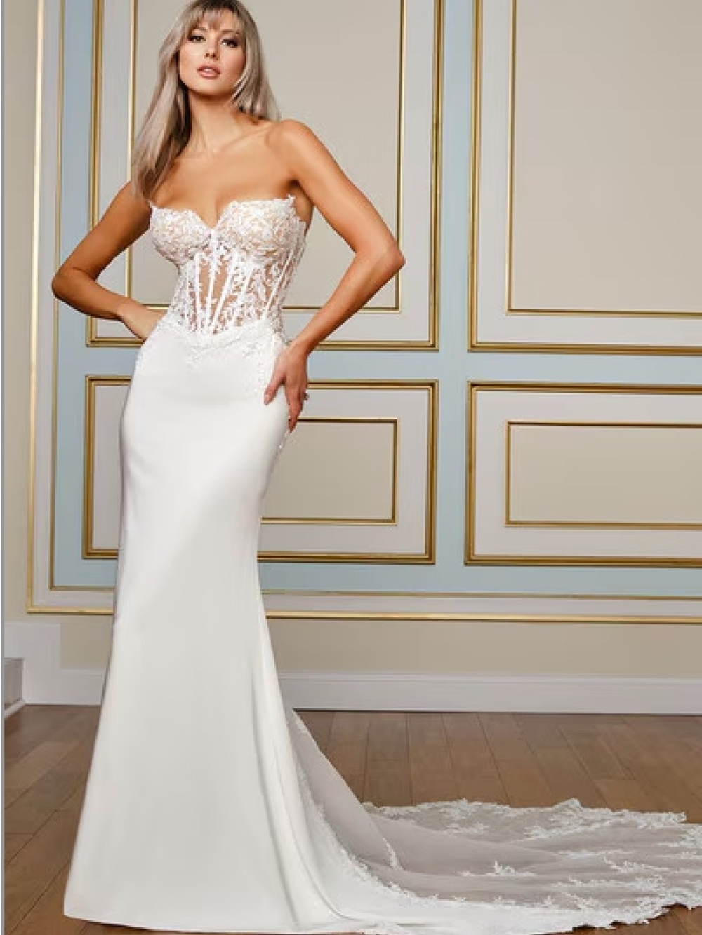 Mon Cheri Strapless Diamond White Lace Bodice Sheath Gown